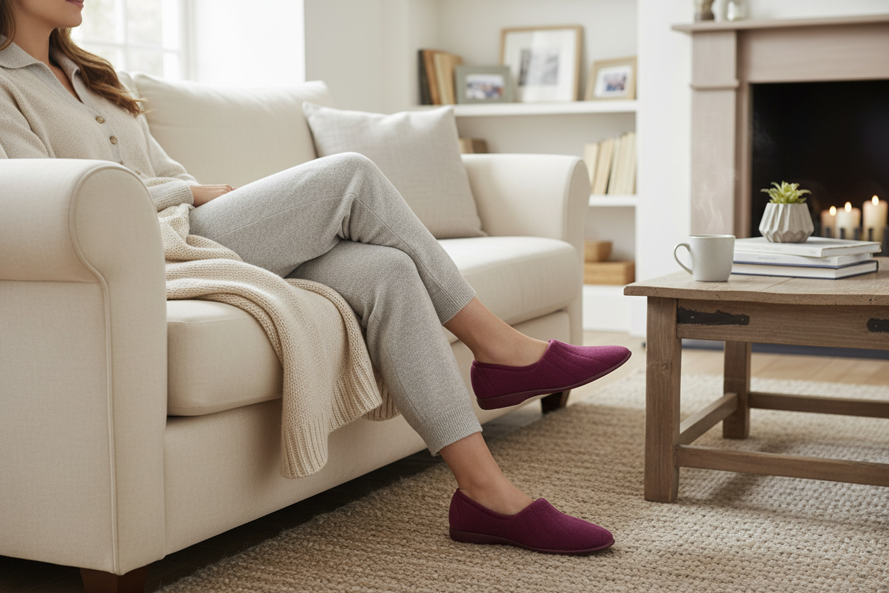 Woman relaxing on sofa wearing cozy purple slip-on slippers in a warm living room