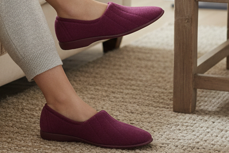 Women's burgundy quilted slip-on shoes for cozy indoor comfort