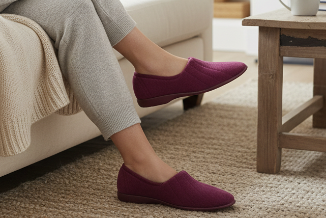 Women's burgundy slip-on slippers for cozy home comfort, styled with grey pants on a rug
