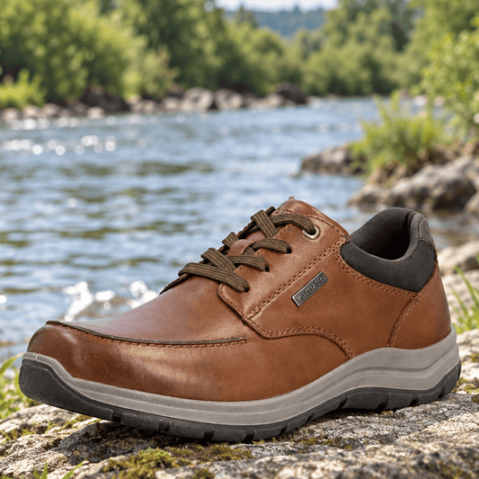Men's brown leather lace-up shoe on a rocky surface with chunky rubber sole