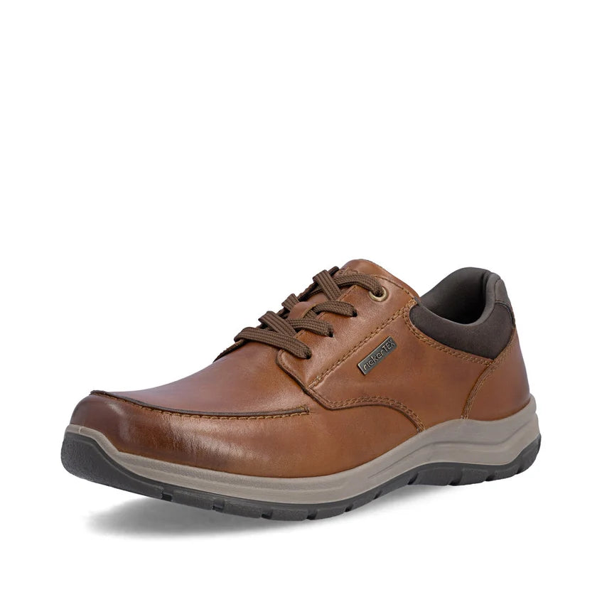 Men's brown leather lace-up shoe with padded collar and textured rubber sole