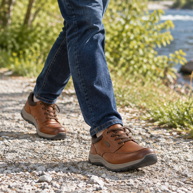 Men's brown leather lace-up shoes walking, low-profile rugged tread sole