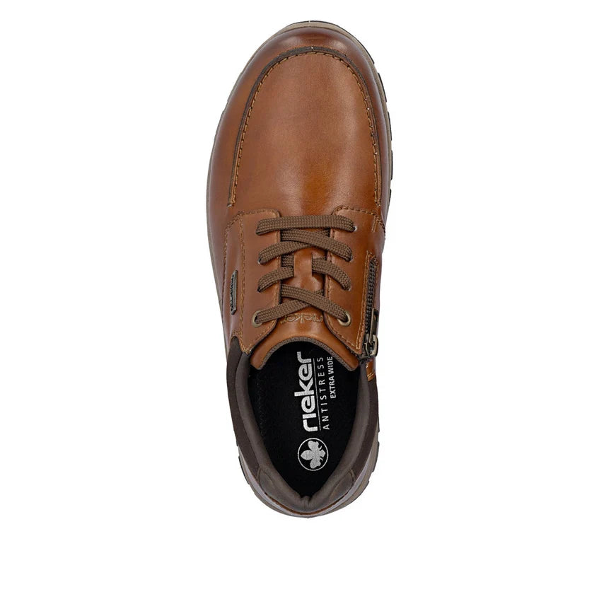 Men's brown leather lace-up shoe profile with black interior lining
