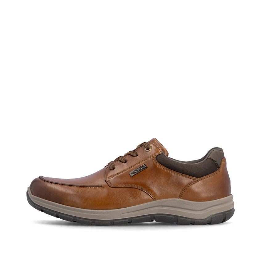 Men's brown leather lace-up shoe, side view with cushioned collar