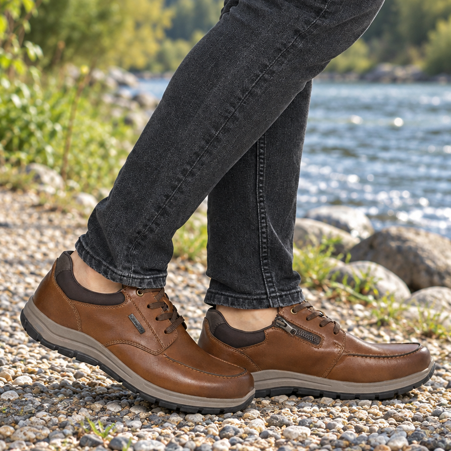Men's brown leather lace-up shoes on feet with jeans, thick comfort sole