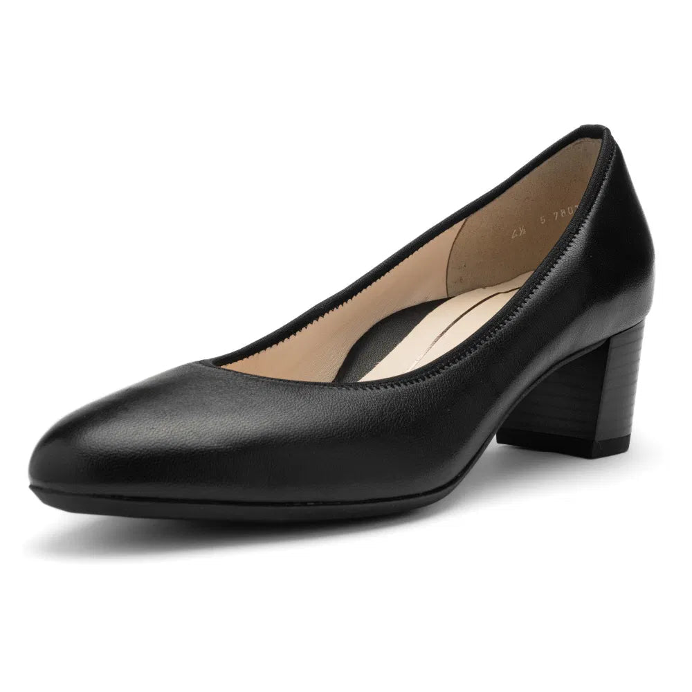 Black Ara leather court shoe with a rounded toe, beige lining and sturdy block heel.