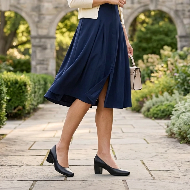 Black leather court shoes worn with a navy skirt, showing the block heels.