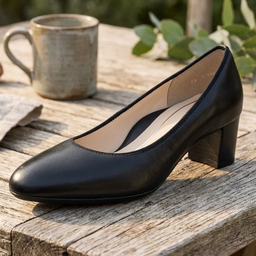 Black Ara leather court shoe with a rounded toe and block heel, shown at an angle.