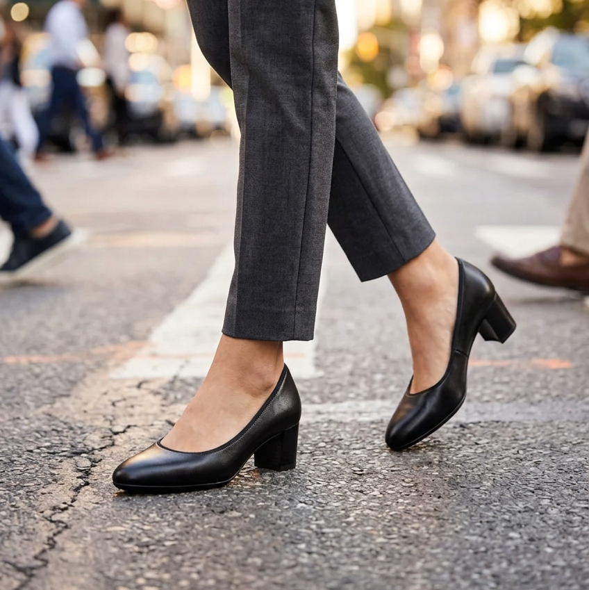 Black leather court shoes worn with cropped trousers, showing the rounded toes and block heels.