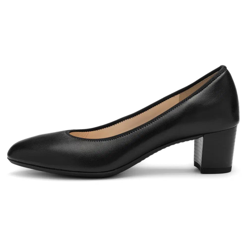 Side view of a black leather court shoe with a low-cut profile and block heel.