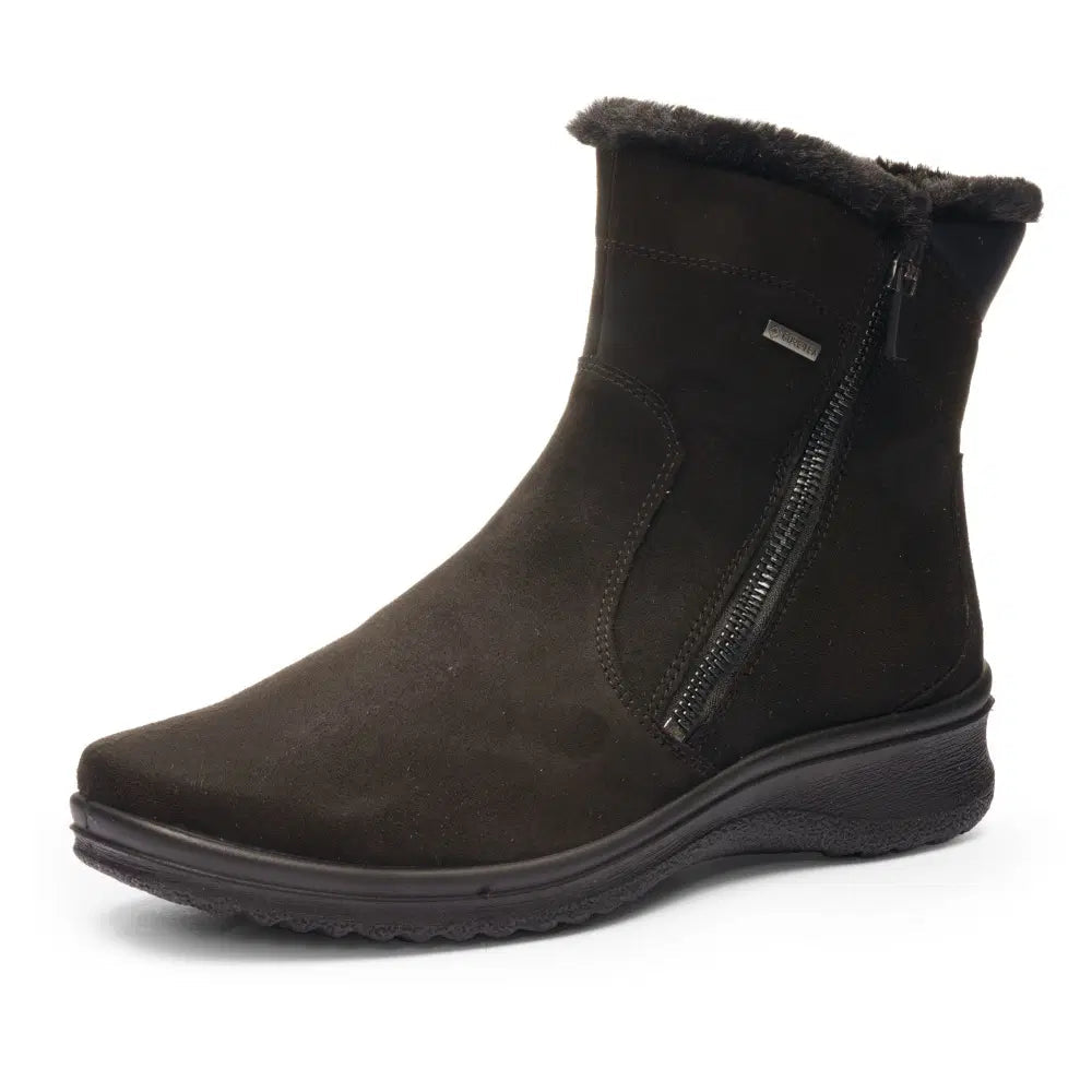 Ara black ankle boot with side zipper, fur-trimmed cuff, and textured sole