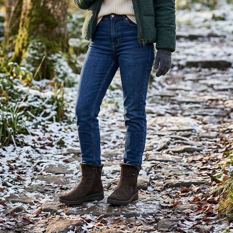 Ara black ankle boots worn with jeans, showing the fur-trimmed cuffs and low profile