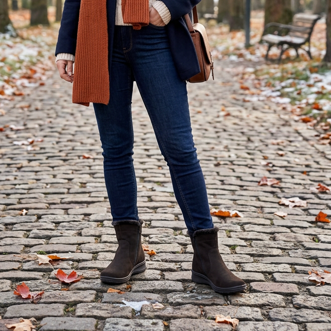 Ara black ankle boots worn with jeans, showing their ankle-high shape and side profile