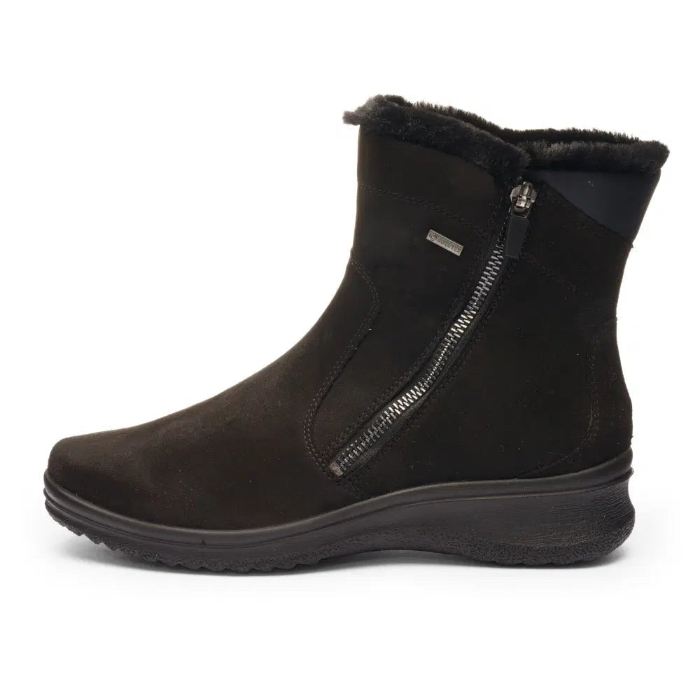 Ara black ankle boot in side view, with a diagonal zipper and plush cuff