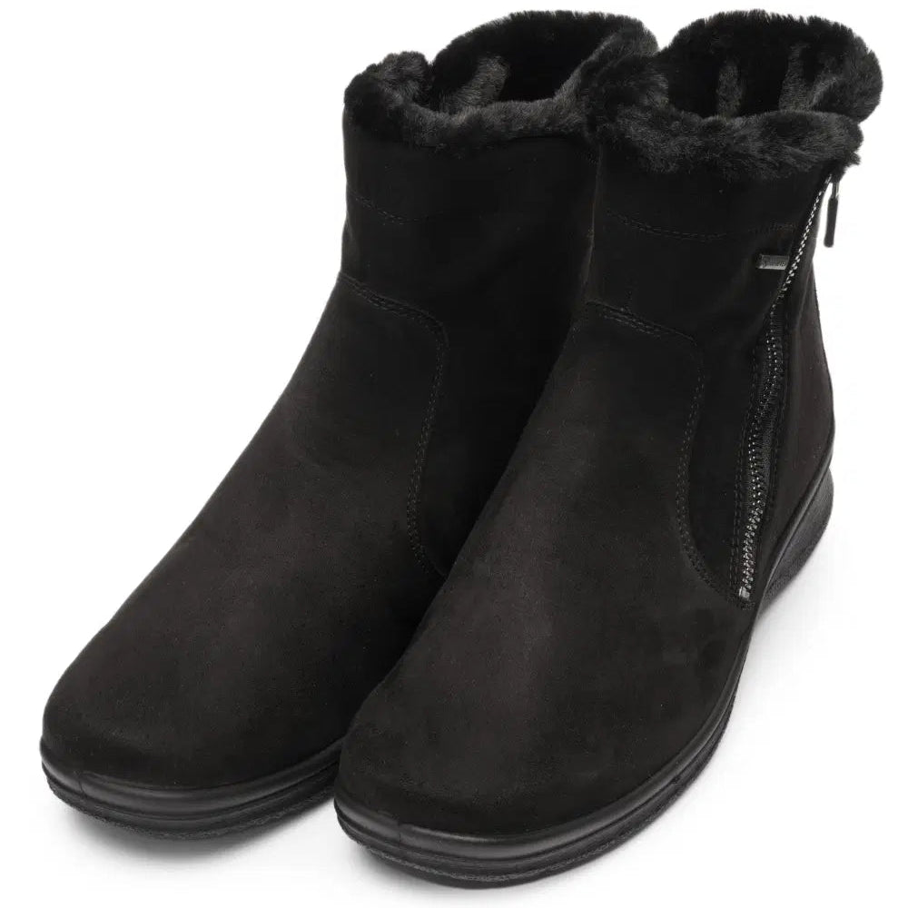 Pair of Ara black ankle boots with plush lining, side zippers, and rounded toes