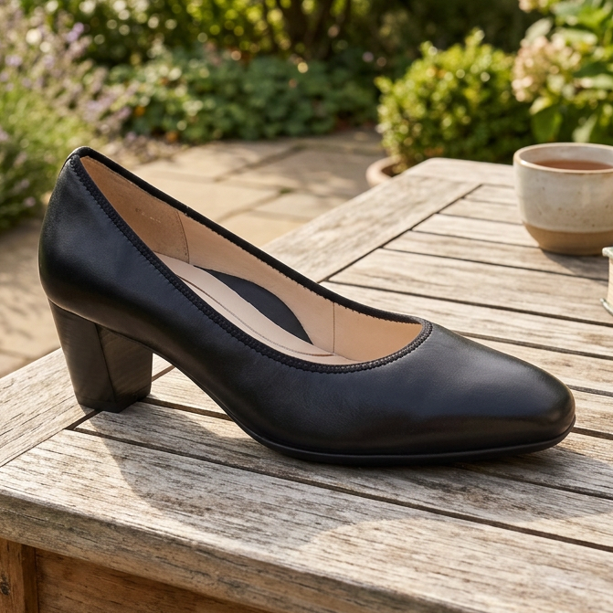 Ara Verona black wide-fit court shoe with rounded toe and block heel