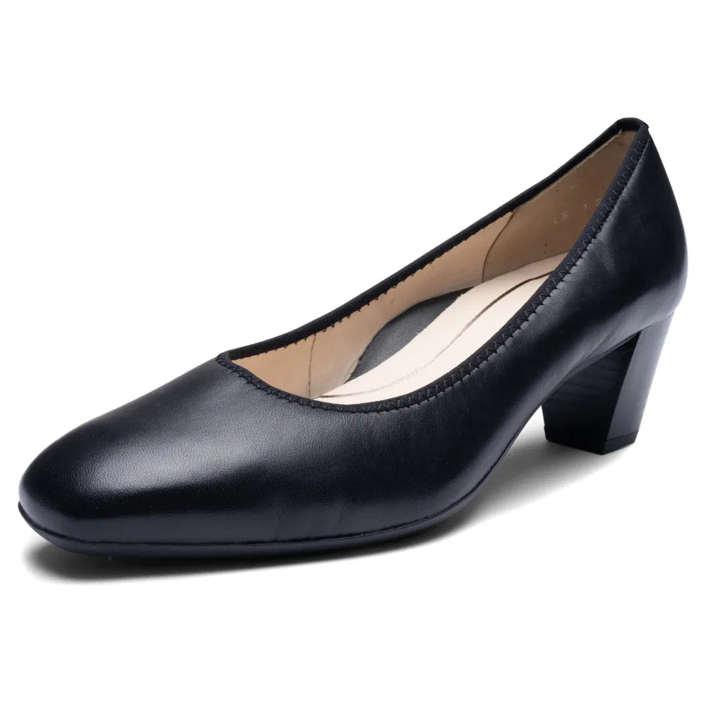 Ara Verona black wide-fit court shoe, angled view of rounded toe and block heel