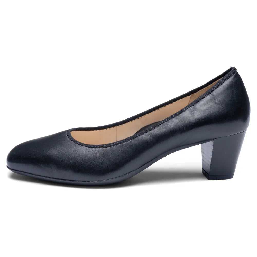 Ara Verona black court shoe in side profile with a medium block heel
