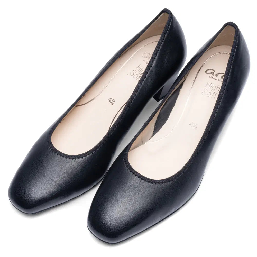 Pair of Ara Verona black court shoes showing the cushioned insoles