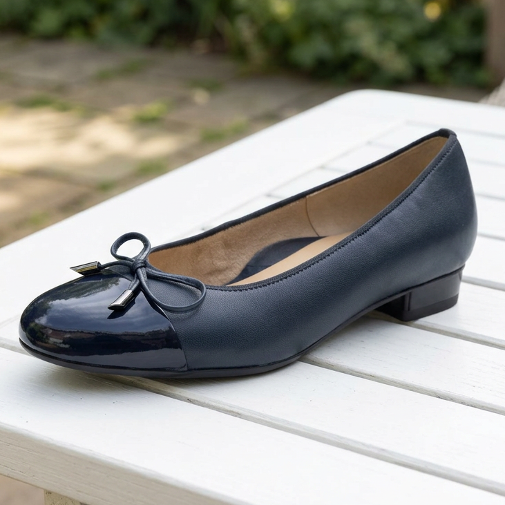 Ara Bari blue leather ballet flat with glossy toe cap and bow detail