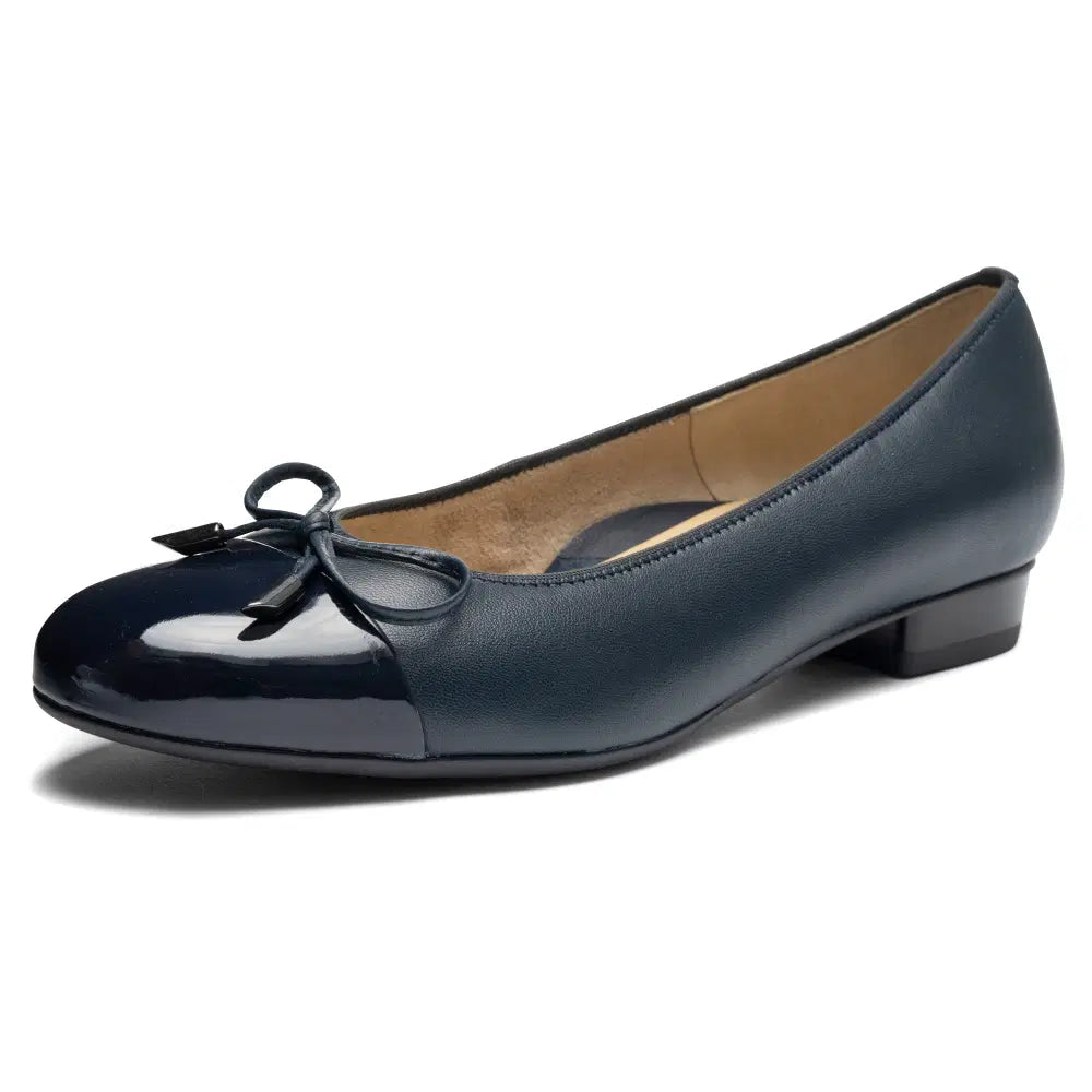 Ara Bari blue leather ballet flat with rounded glossy toe, bow trim, and low heel