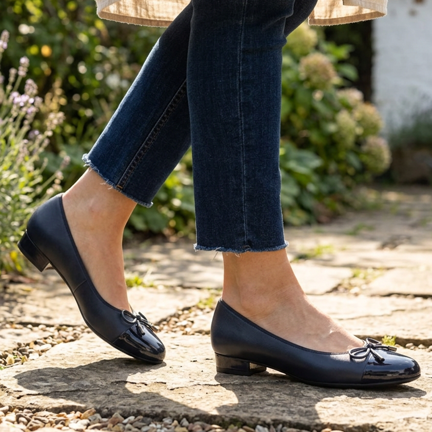 Ara Bari blue ballet flats worn with jeans, showing bow trim and low block heels