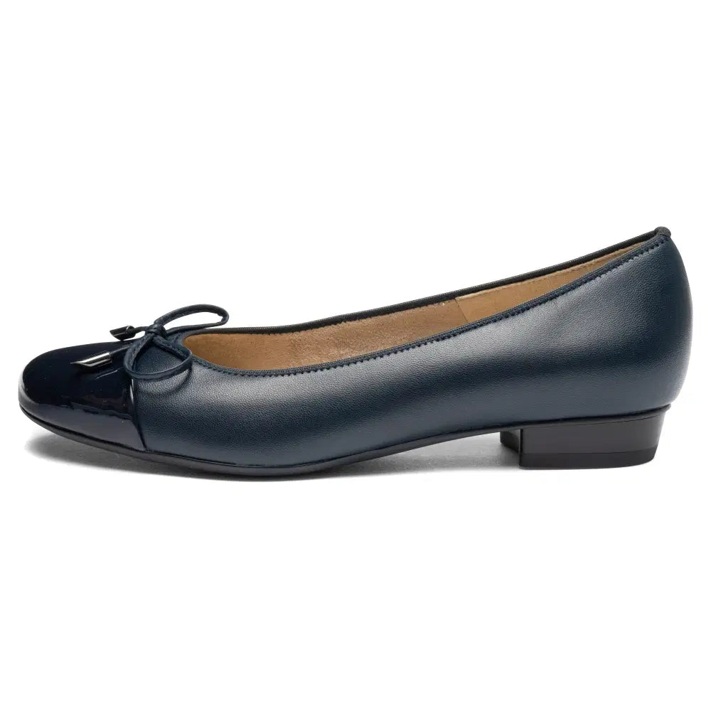 Ara Bari blue leather ballet flat in side profile with glossy toe cap and low heel