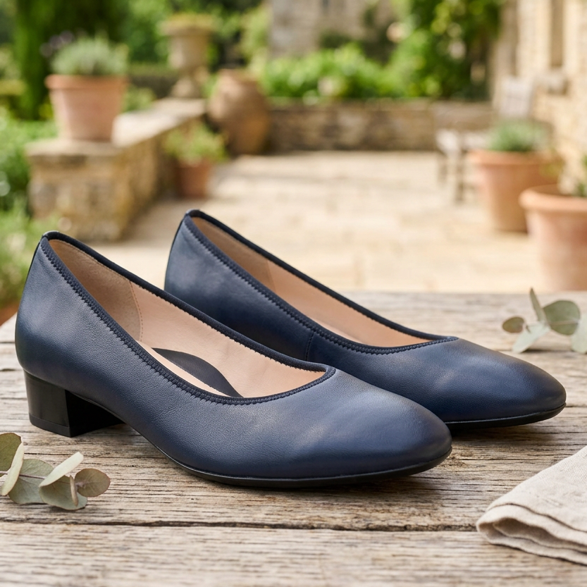 Pair of dark blue leather court shoes with rounded toes and low block heels