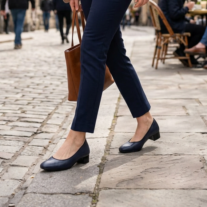 Dark blue leather court shoes worn with cropped trousers, showing low block heels