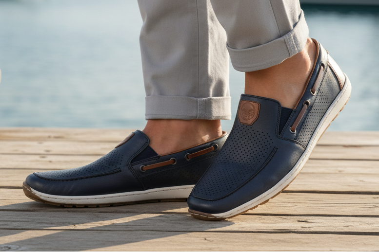 Person wearing navy blue shoes on a dock with boats in the background