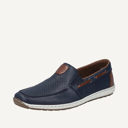 Navy blue slip-on shoe with brown accents on a white background