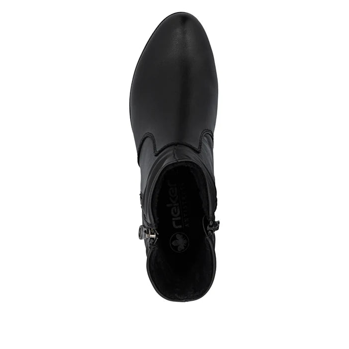 Black women's side-zip ankle boot with rounded toe and inner lining detail