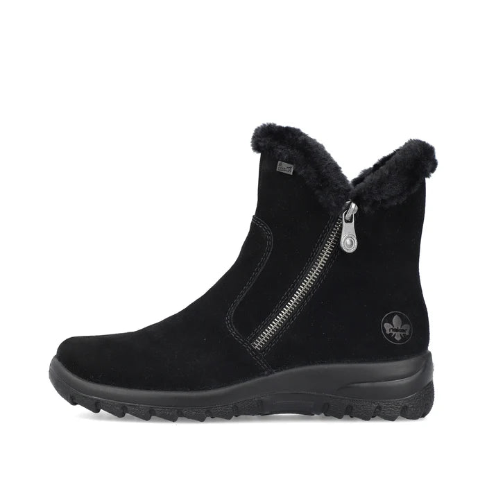 Black suede-look ankle boot with side zipper and faux-fur cuff