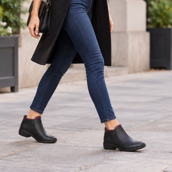 Women’s black leather ankle boot worn with blue jeans and a low wedge heel
