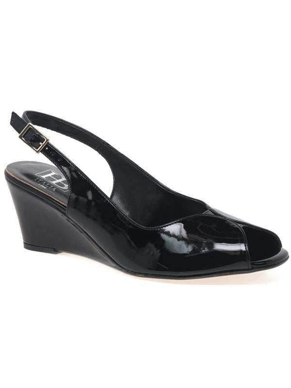 Women's black patent wedge sandals with open toe and adjustable ankle strap