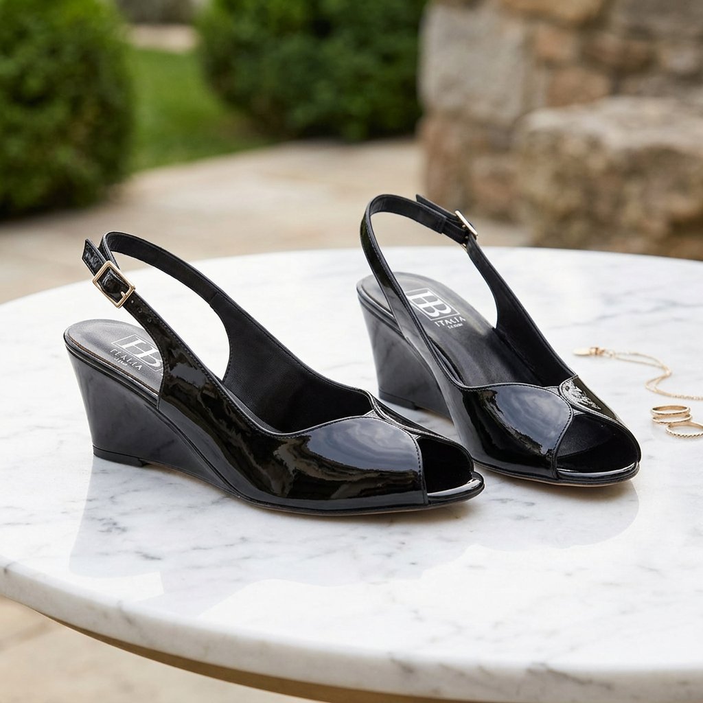 Women's black patent wedge sandals with open toe and ankle strap
