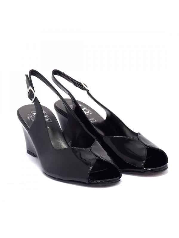 Women's black patent wedge sandals with open toe and ankle strap