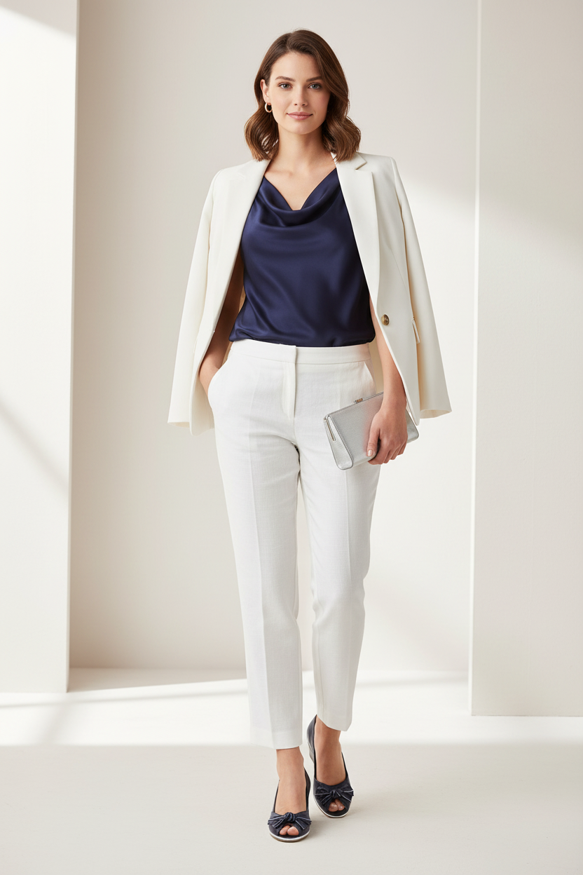 Woman wearing a navy top, white pants, and a beige blazer in a minimalistic setting.