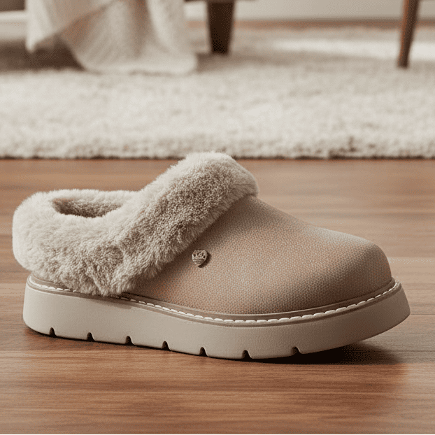 Women's taupe clog slippers with plush faux-fur collar and slip-on platform sole