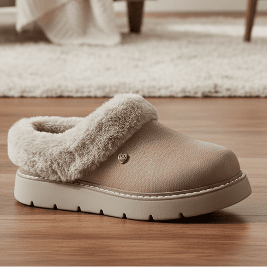 Women's taupe clog slippers with plush faux-fur collar and slip-on platform sole