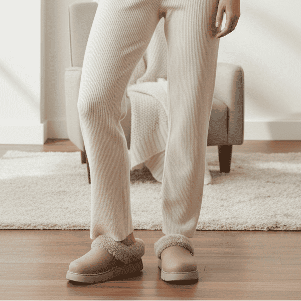 Women's taupe slip-on clog slippers with plush lining and cushioned platform sole