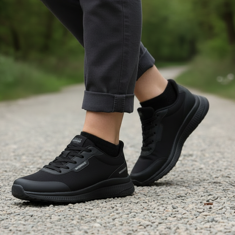 A person wearing black low-top sneakers and dark gray cuffed pants walking on a gravel path with a blurred green forest background.