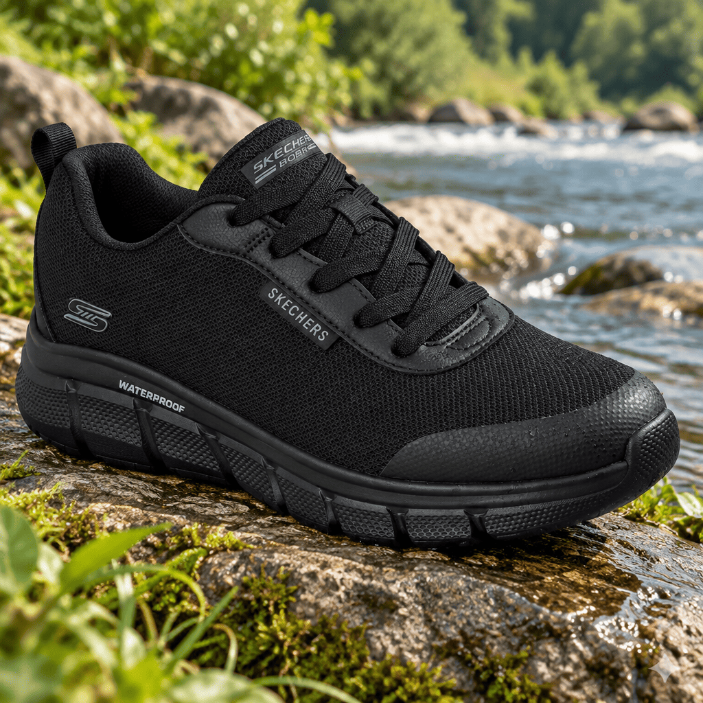 Skechers men's black waterproof lace-up trainer with padded collar and grippy outsole