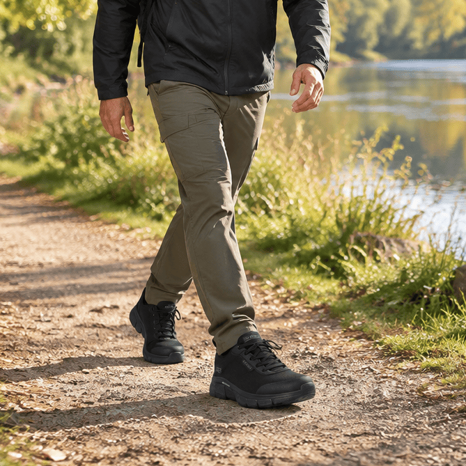 Skechers men's black waterproof lace-up trainers on outdoor path, low-profile sole