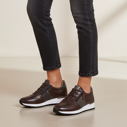Dark brown lace-up women's sneakers with white rubber sole