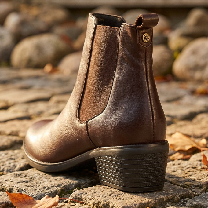 Women's leather ankle boot in metallic conker brown with side zip and block heel