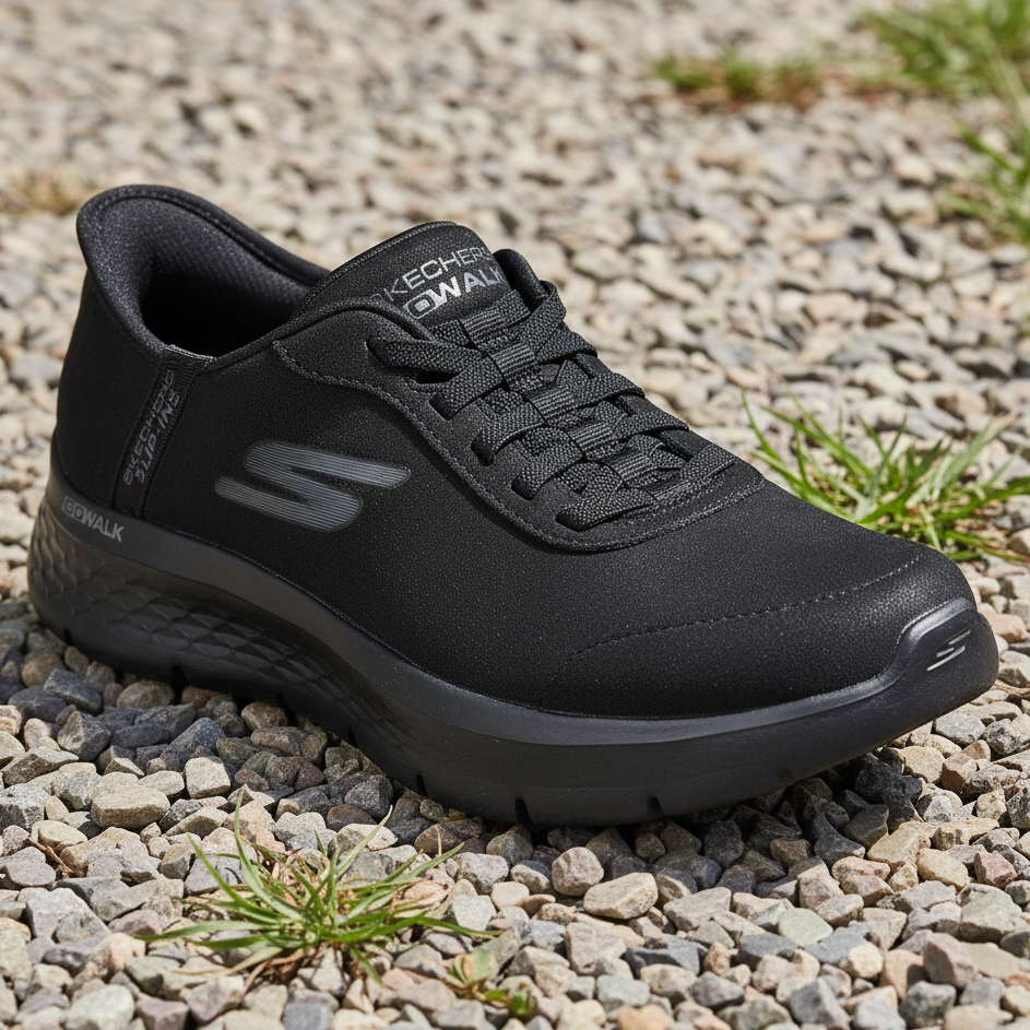 A black Skechers Gionwalk athletic sneaker shown from a three-quarters angle against a plain white background.