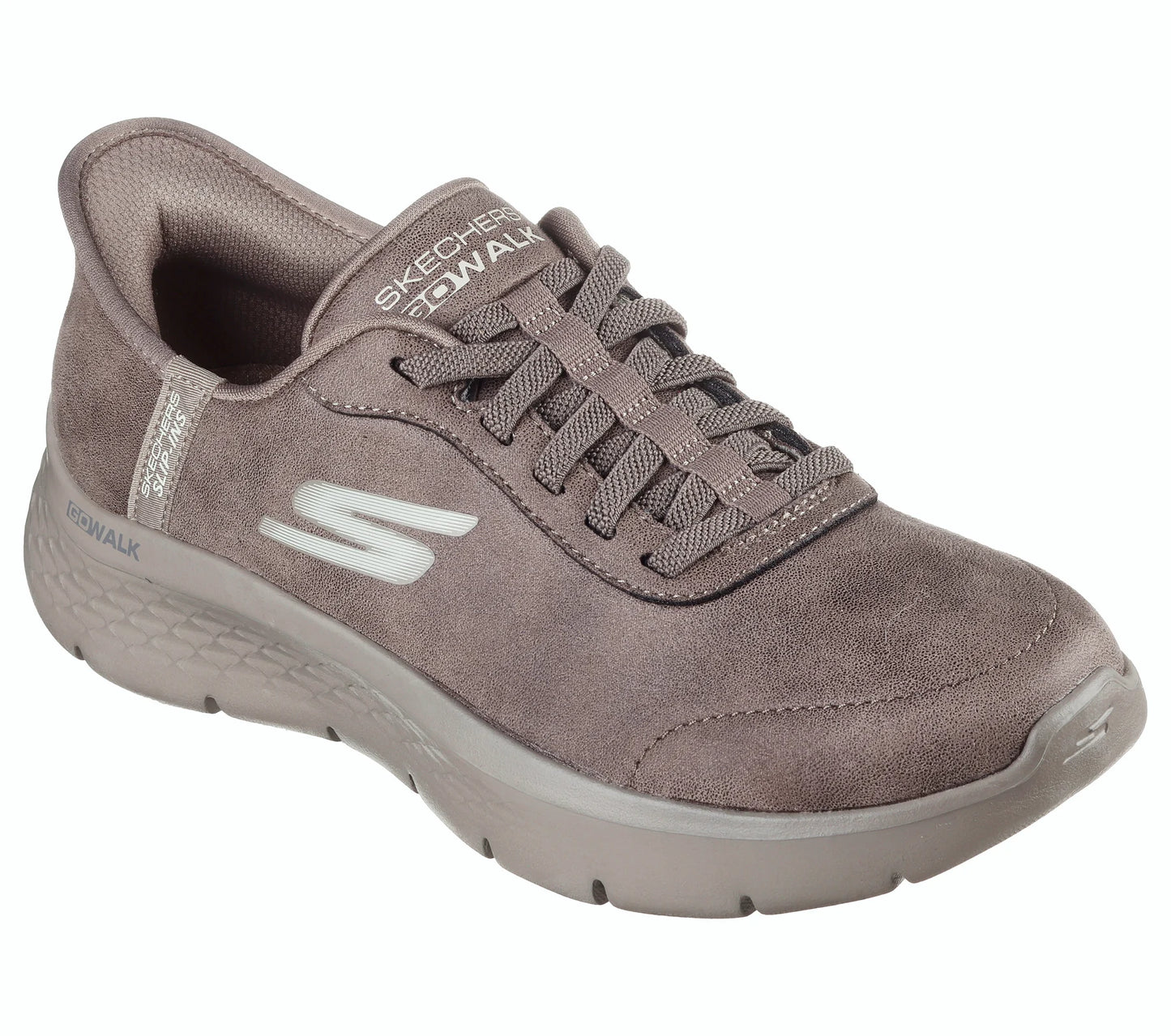 Brown sneaker with 'Skechers' branding on a white background