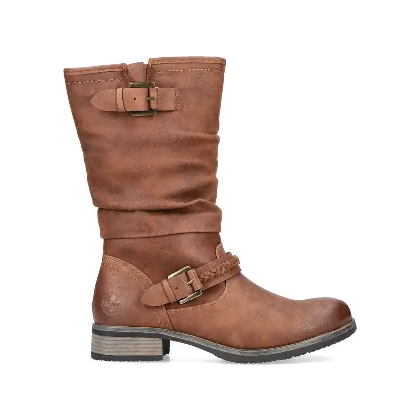 Women’s brown tall zip boot with two buckled straps and cushioned sole
