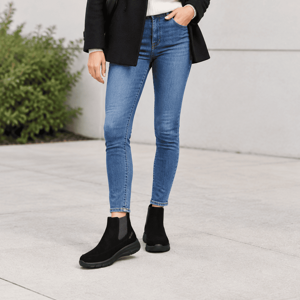 Women's black Chelsea slip-on boots with blue jeans, worn on sidewalk